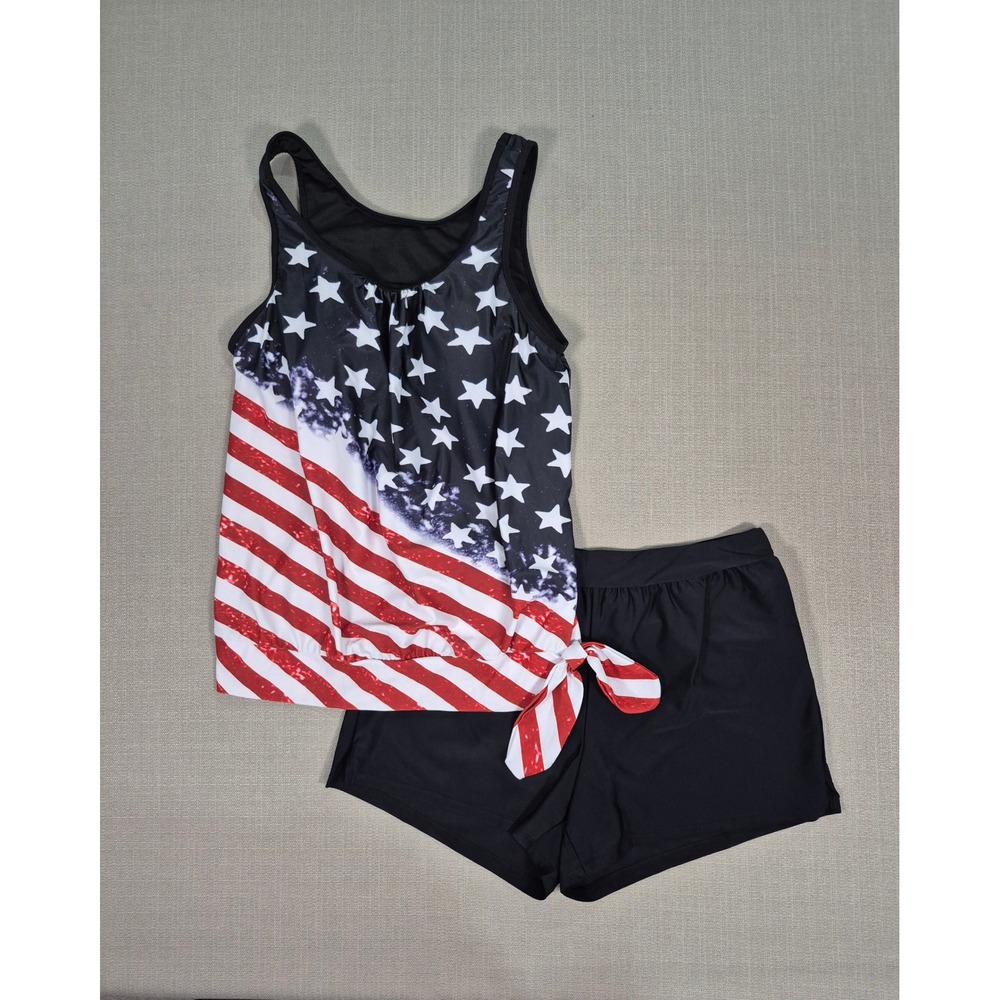 Rosewe American Flag Tankini Swimsuit Women M Patriotic Stars Stripes 2 Piece